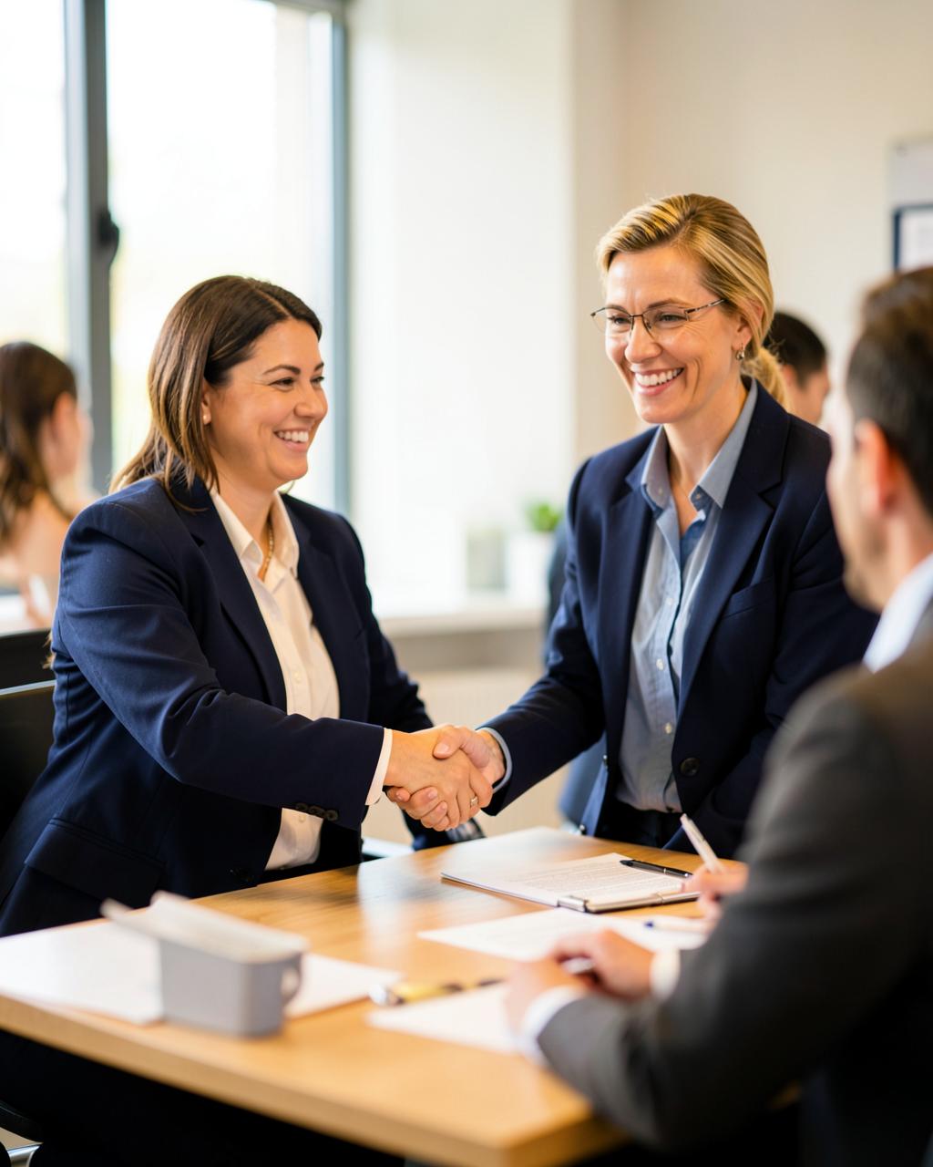Two professionals shaking hands across a desk in a bright modern office